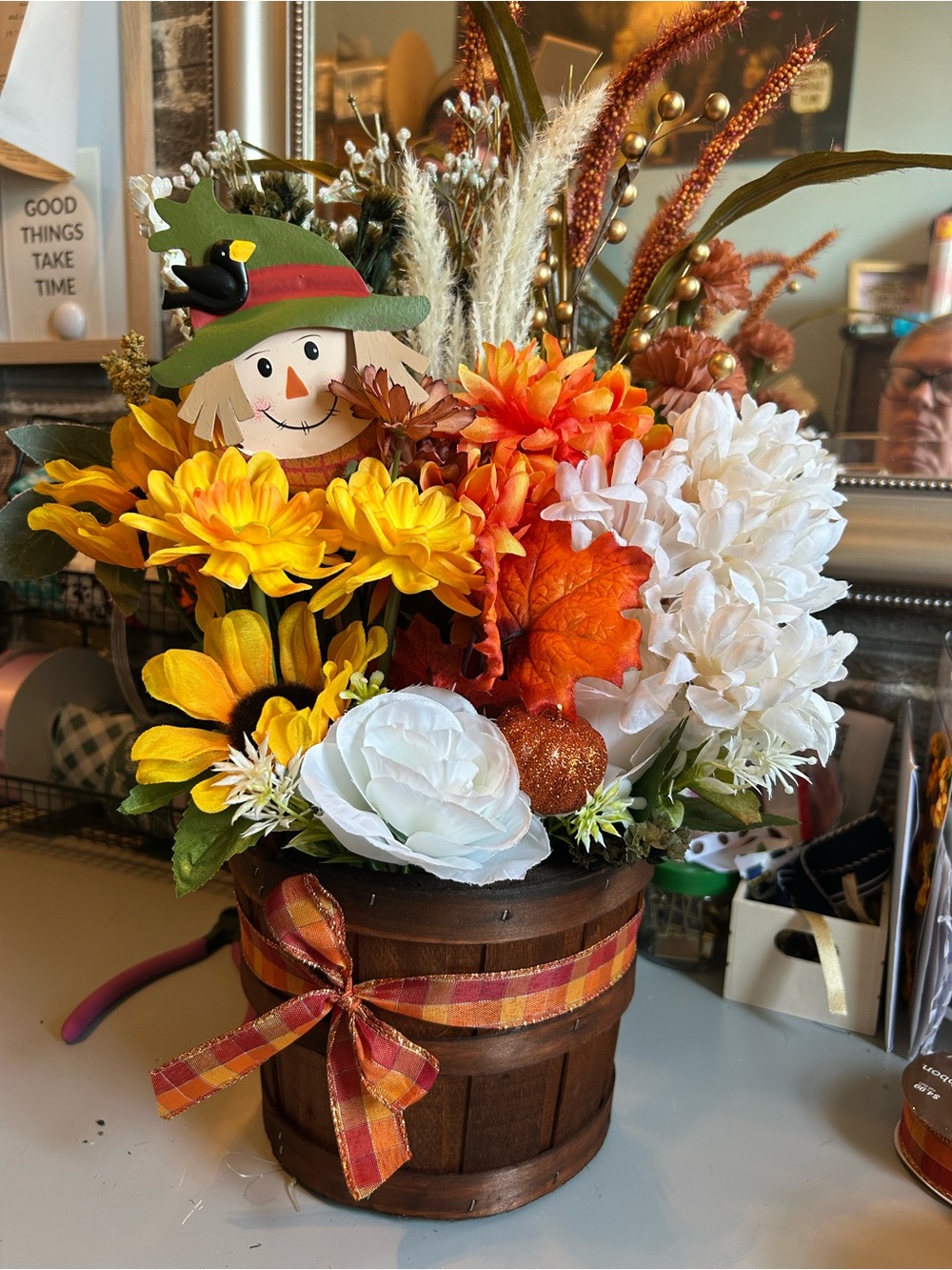 Hand Crafted Fall Floral Arrangement with Orange, Yellow, White Blooms